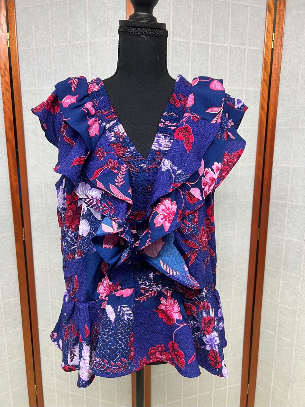 Ruffled V-Neck Floral Blouse in Navy Red and Pink